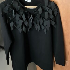 Black Crewneck Sweater with Ribbon Petal Trim
